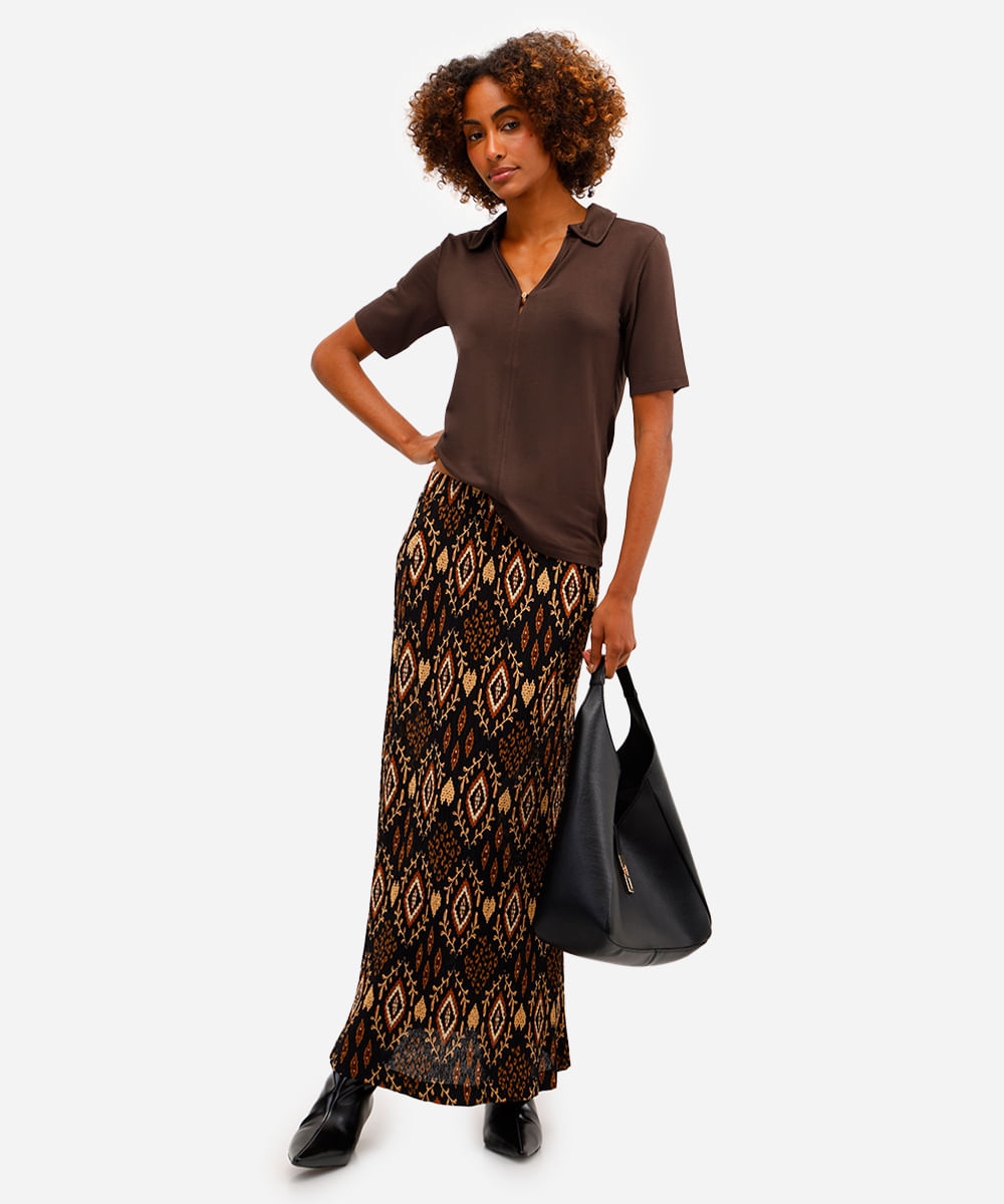 polo feminina de viscose decote v marrom
