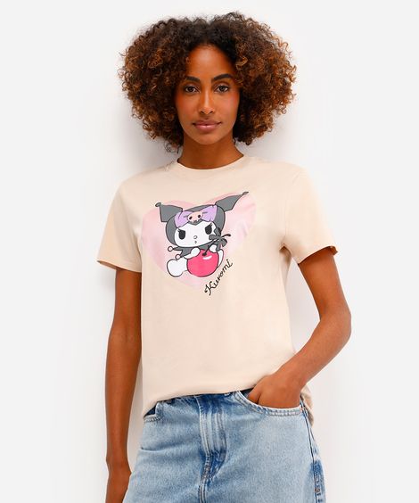 camiseta feminina de algodão hello kitty bege