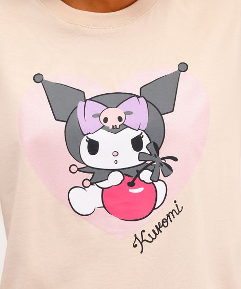 camiseta feminina de algodão hello kitty bege