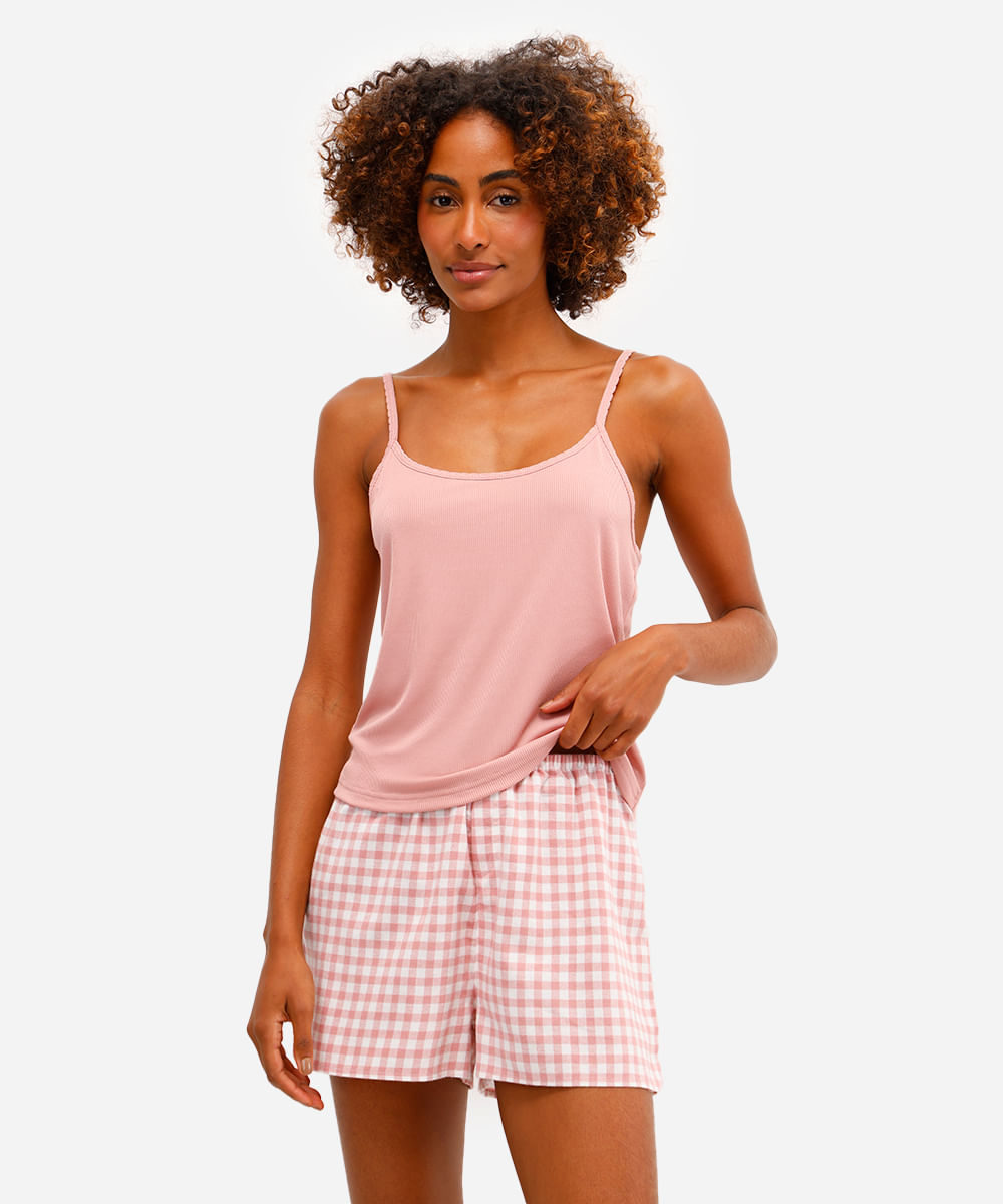 pijama short doll feminino xadrez rosa