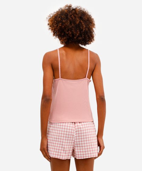 pijama short doll feminino xadrez rosa