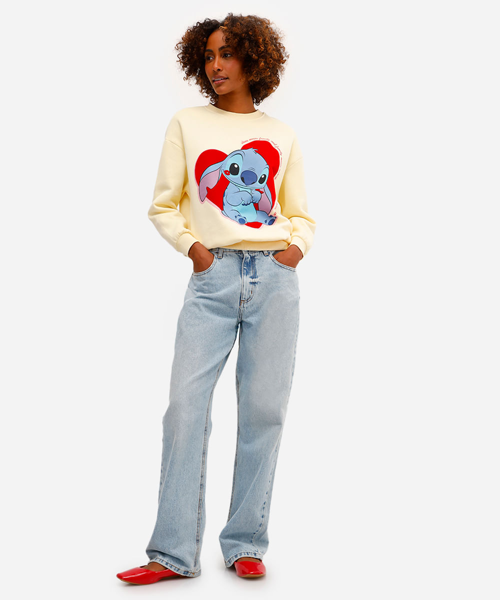 blusão feminino de moletom felpado oversized stitch texturizado amarelo