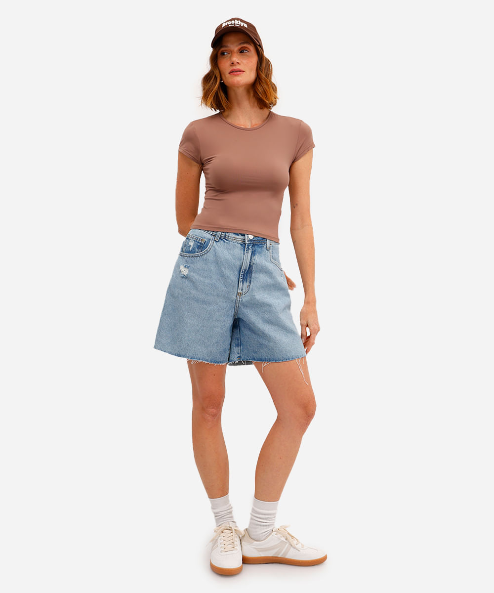 camiseta baby look feminina básica de poliamida marrom