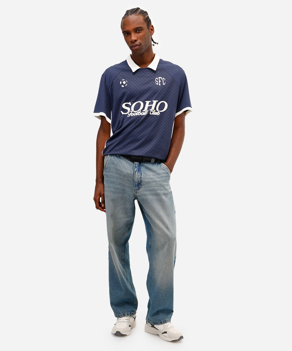 camiseta retrô unissex com gola manga curta soho azul