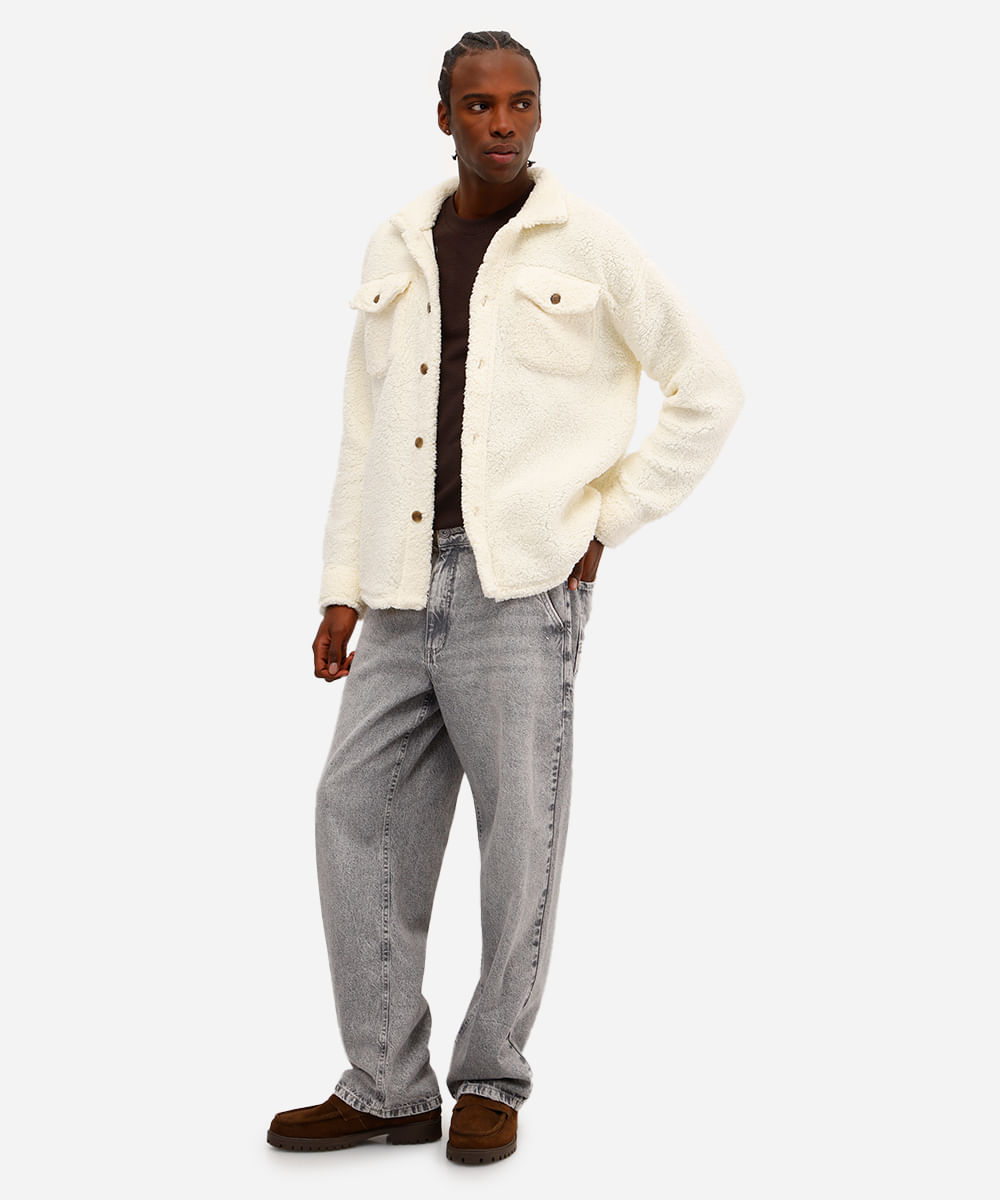 jaqueta masculina de sherpa com bolsos off white