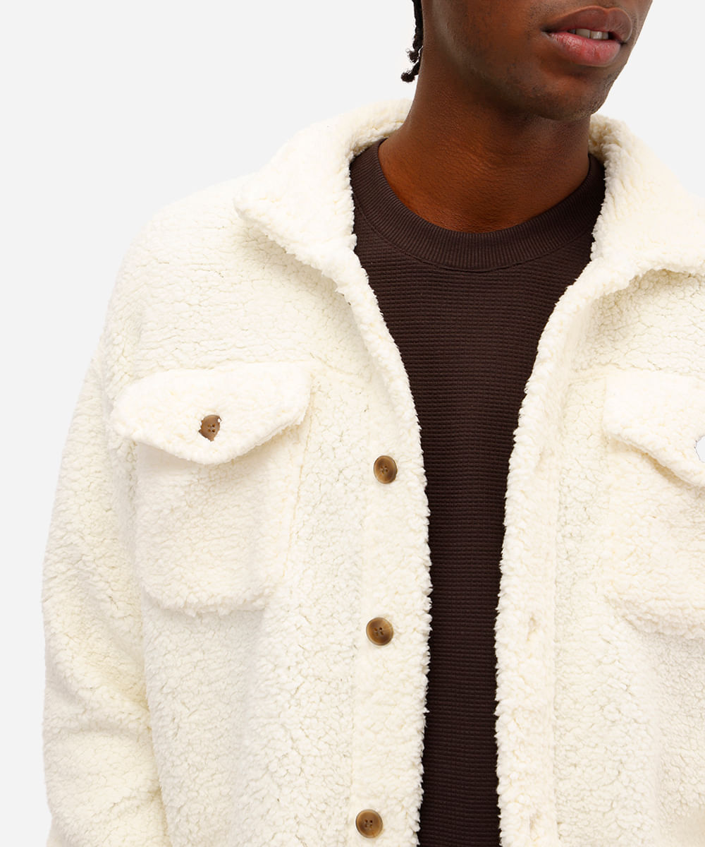 jaqueta masculina de sherpa com bolsos off white