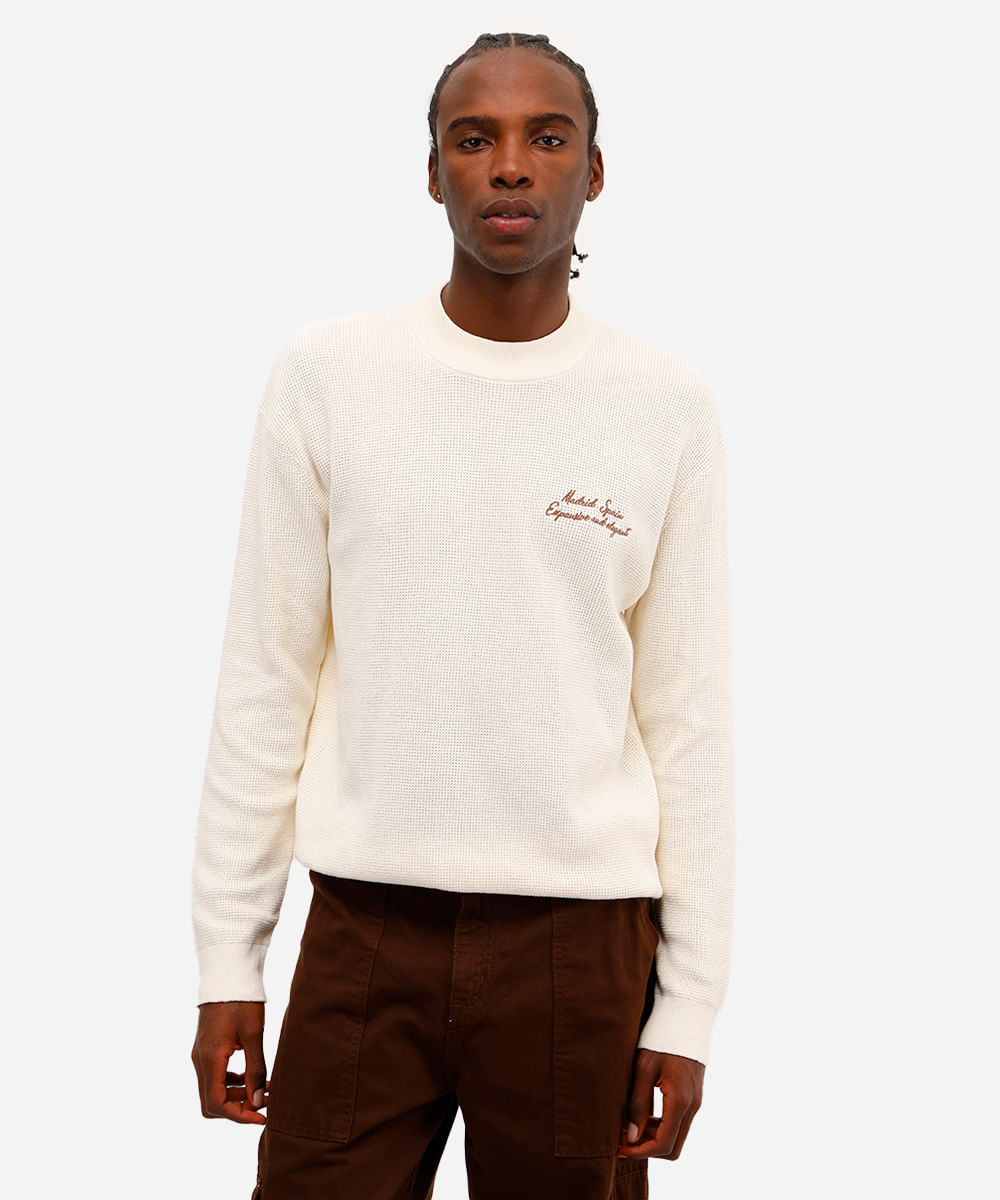 suéter masculino de tricot com bordado texturizado - off white
