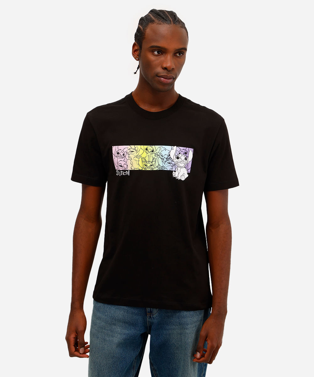 camiseta masculina de algodão stitch preta
