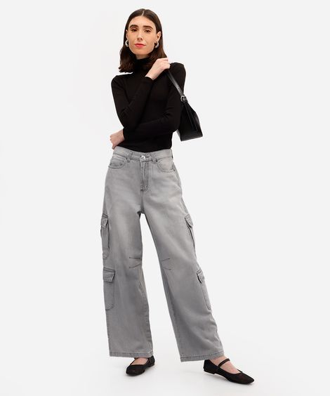 calça skater feminina jeans com bolsos cargo cinza