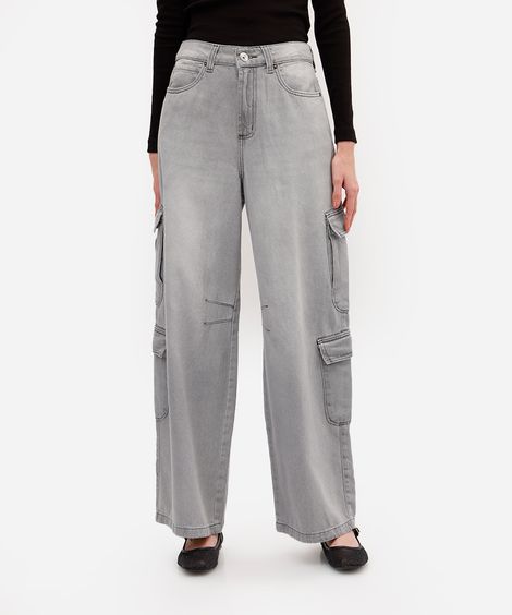 calça skater feminina jeans com bolsos cargo cinza