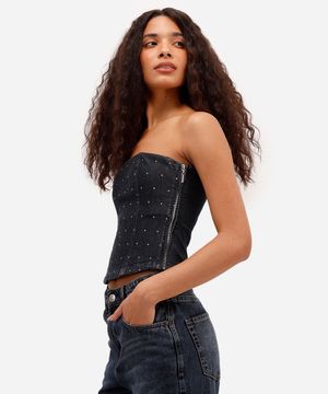 blusa feminina sem alça jeans com tachas preta