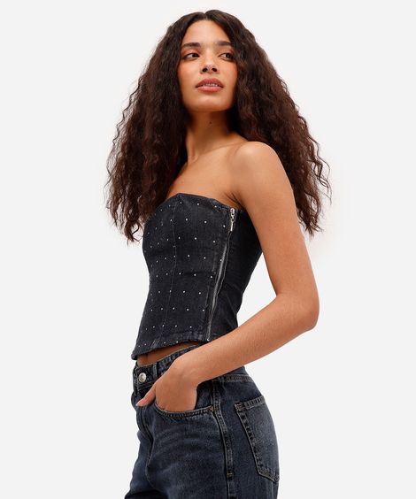 blusa feminina sem alça jeans com tachas preta