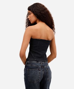 blusa feminina sem alça jeans com tachas preta
