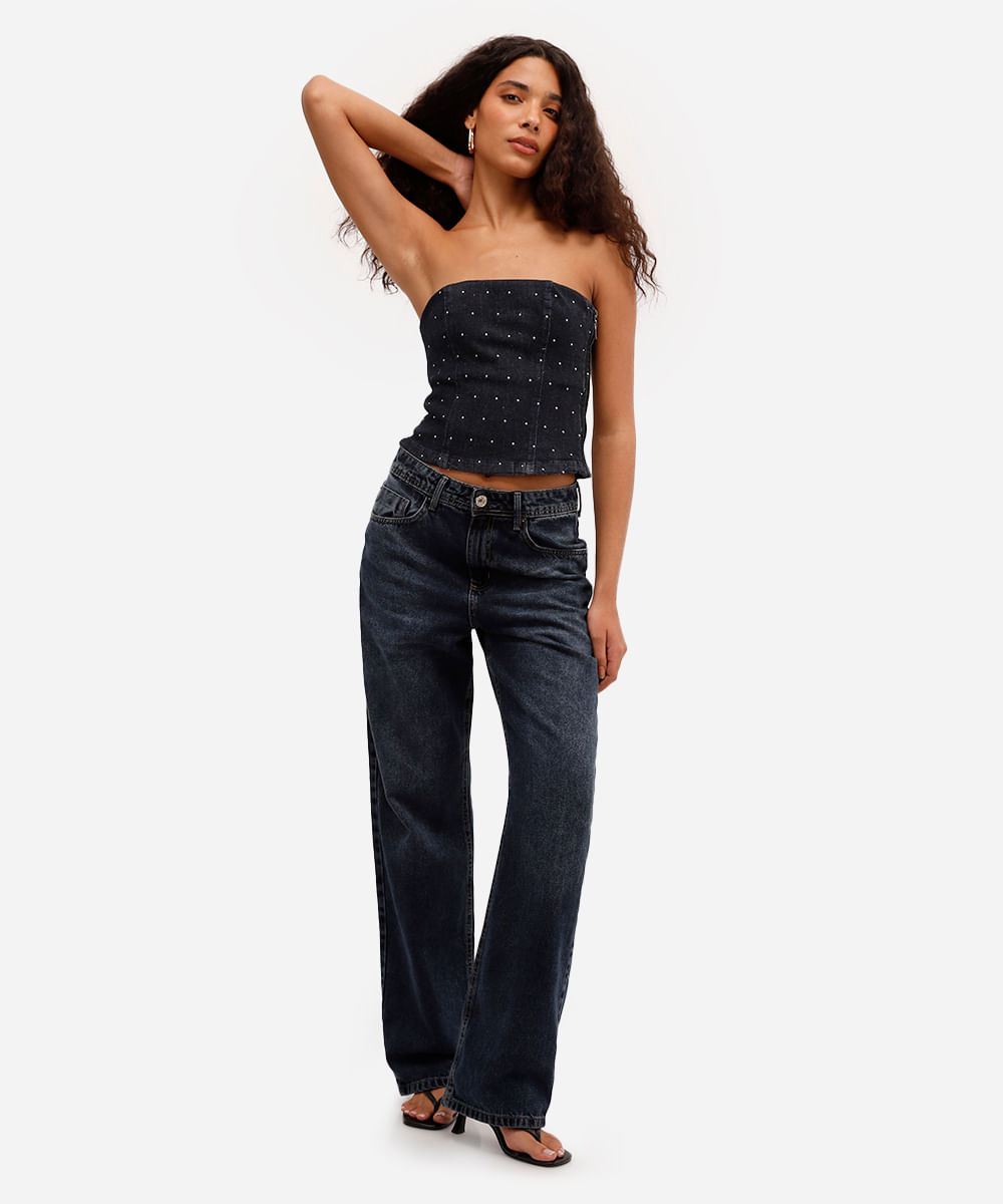 blusa feminina sem alça jeans com tachas preta