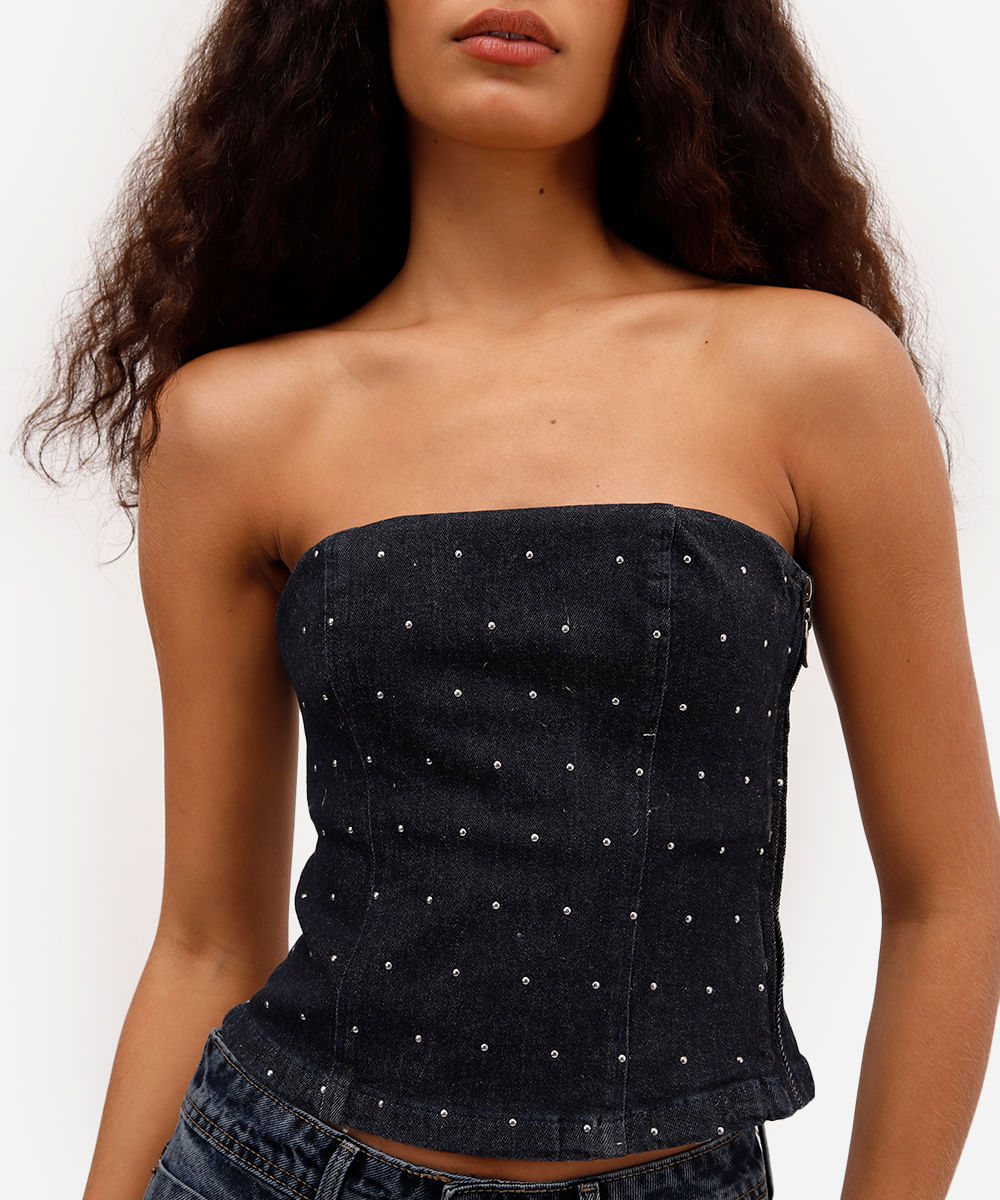 blusa feminina sem alça jeans com tachas preta