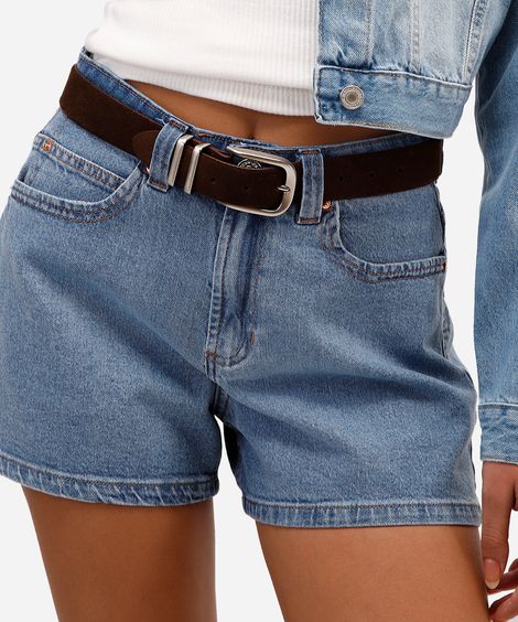 short feminino jeans cintura alta azul