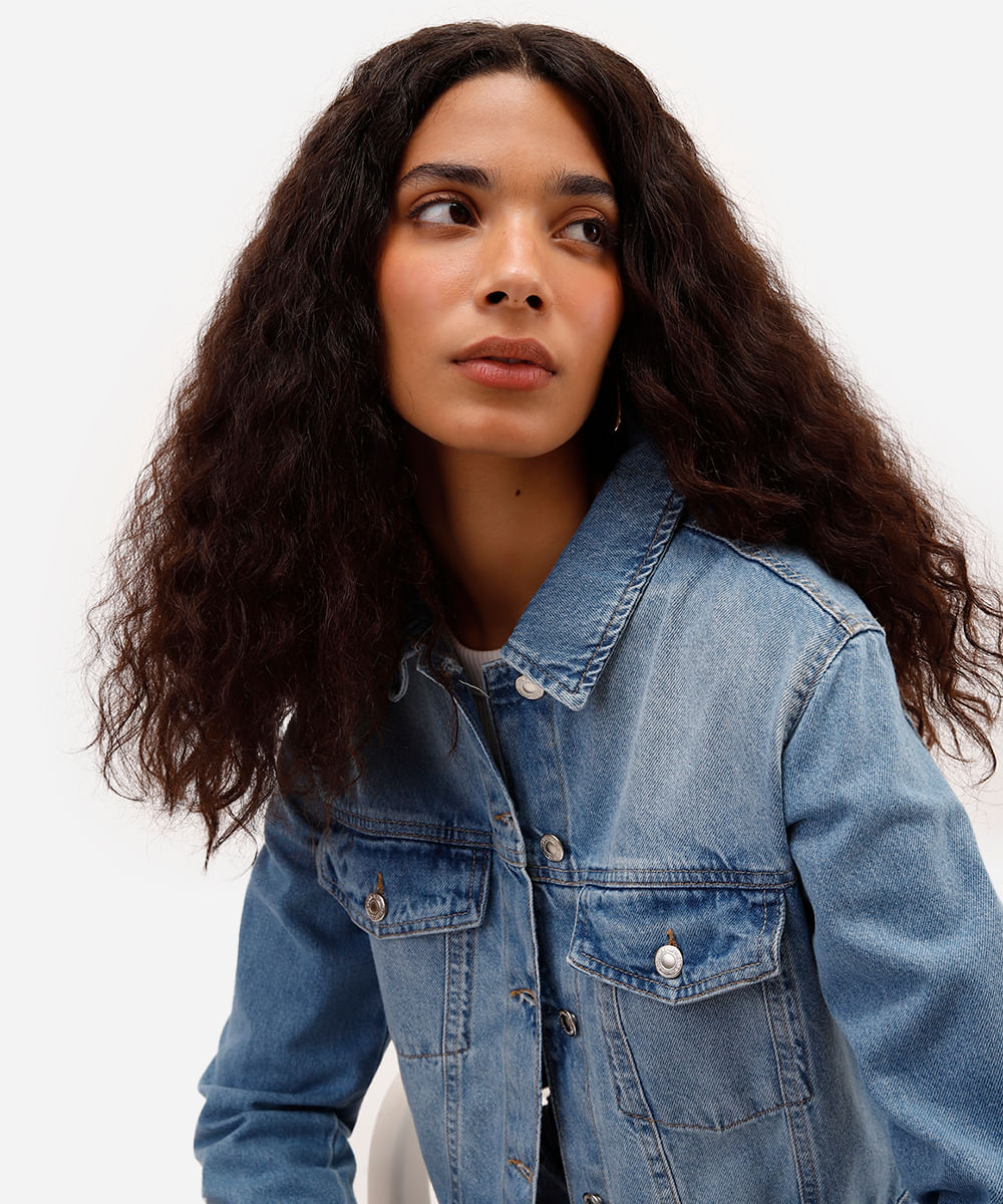 jaqueta cropped feminina jeans azul