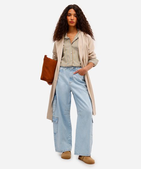 calça skater feminina jeans com bolsos cargo azul