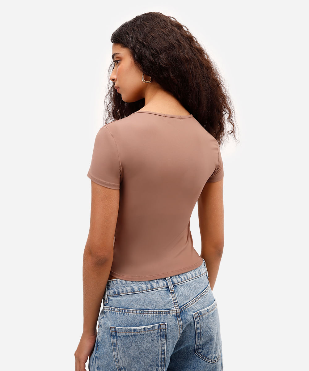 blusa baby look feminina de poliamida básica marrom