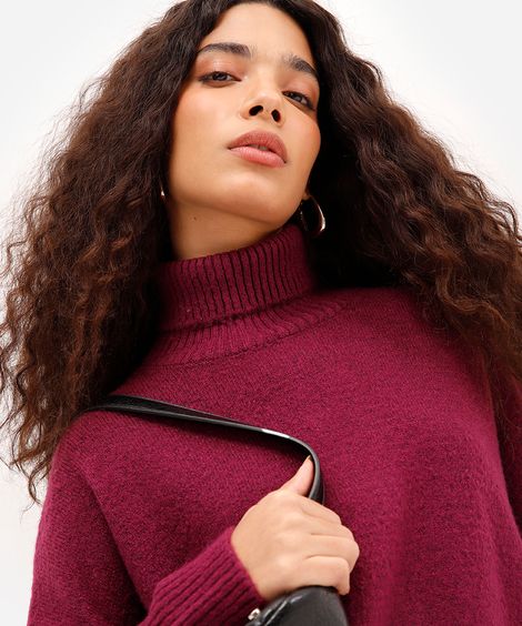 suéter básico feminino de tricot gola alta roxo