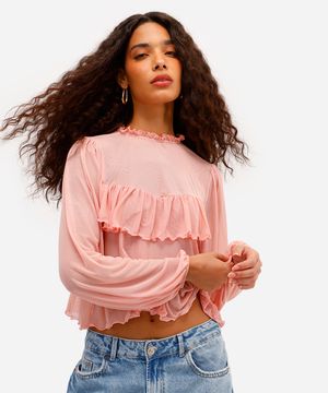 bata feminina de tule manga bufante com babados rosa