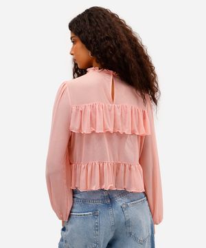 bata feminina de tule manga bufante com babados rosa