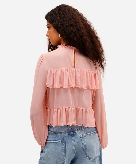 bata feminina de tule manga bufante com babados rosa