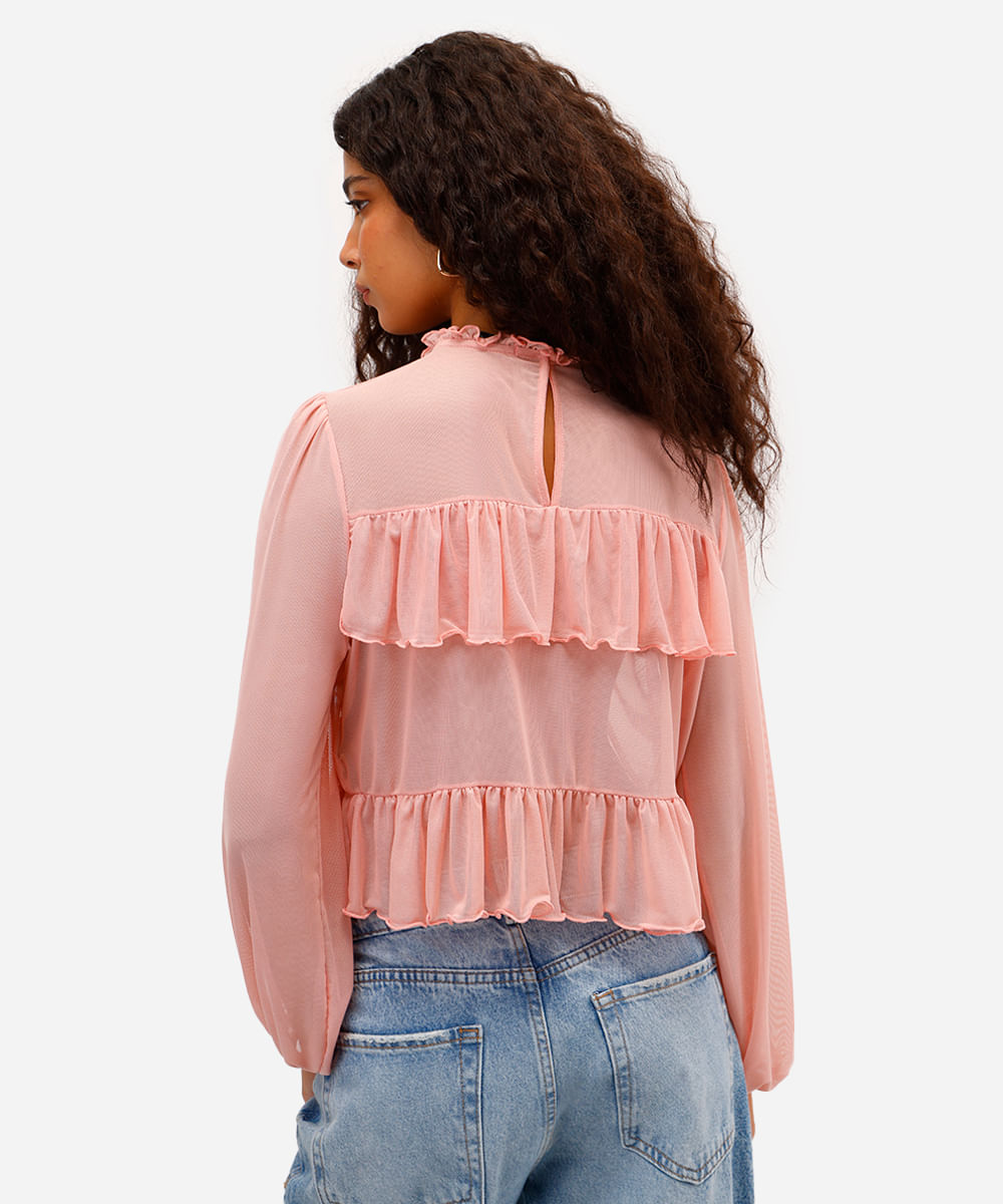 bata feminina de tule manga bufante com babados rosa