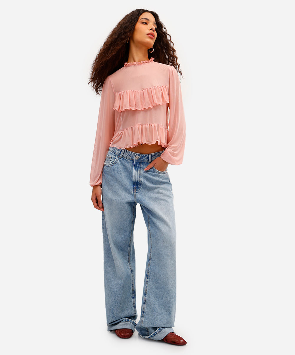 bata feminina de tule manga bufante com babados rosa