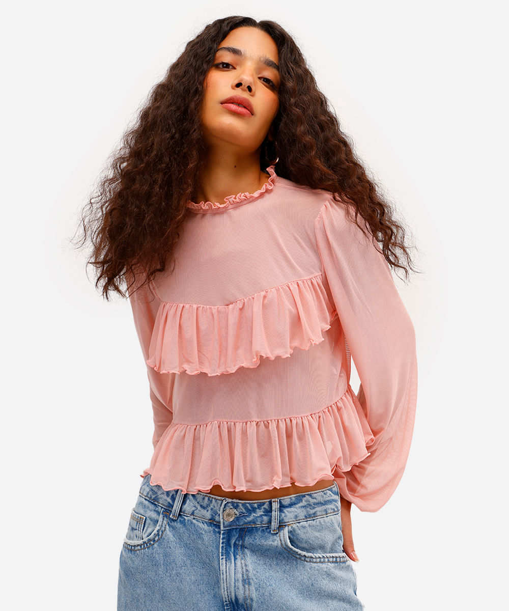 bata feminina de tule manga bufante com babados rosa