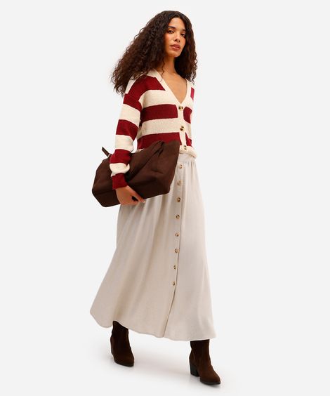 saia midi feminina com linho cós elástico bege