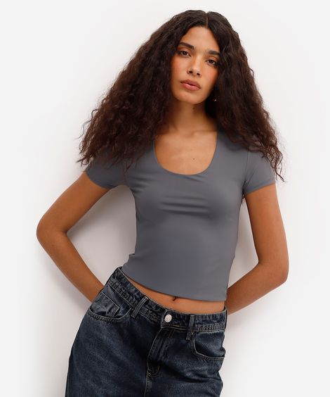 blusa baby look feminina de poliamida básica cinza