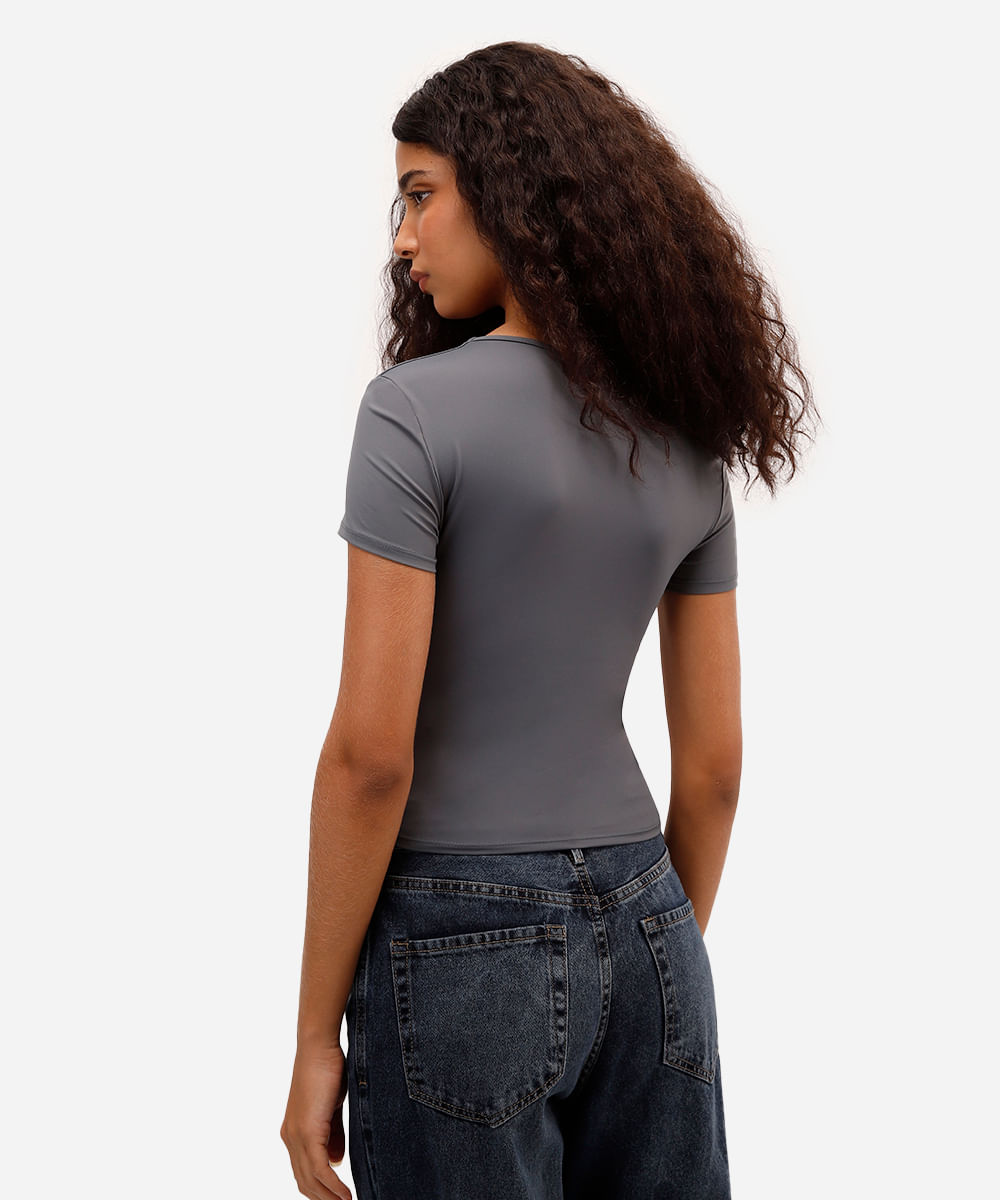 blusa baby look feminina de poliamida básica cinza