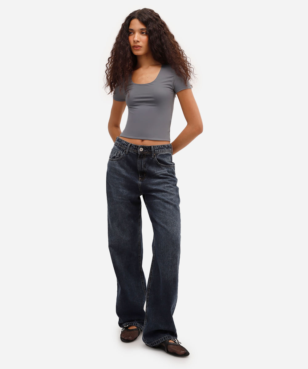 blusa baby look feminina de poliamida básica cinza