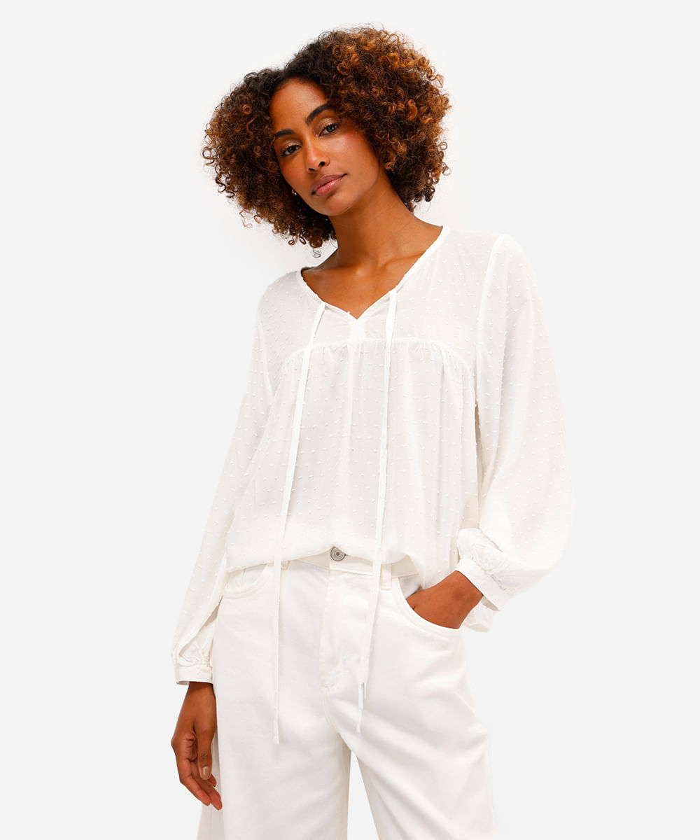 bata feminina de viscose texturizada poá off white