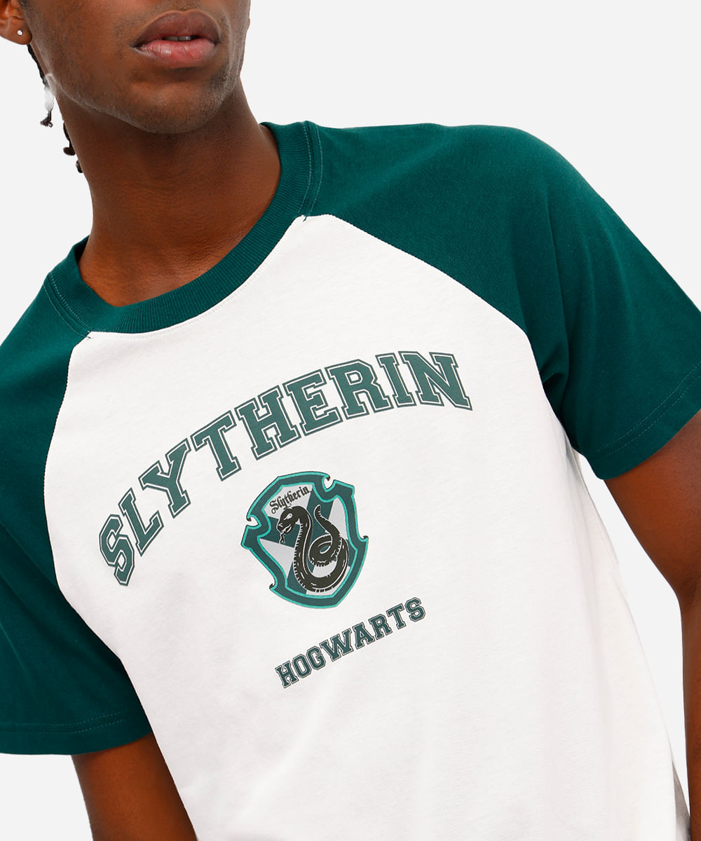 camiseta raglan masculina de algodão harry potter verde