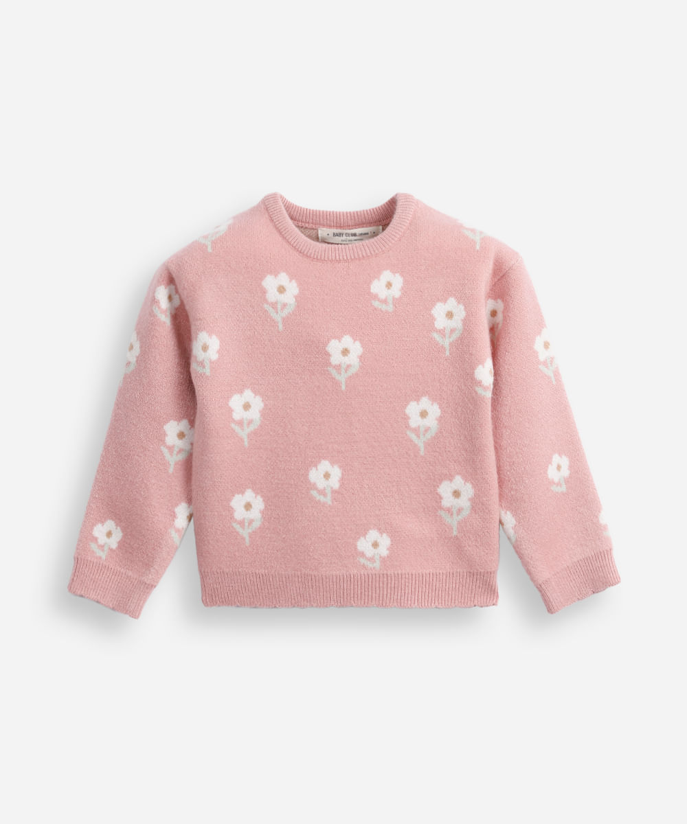 suéter infantil de tricot floral rosa