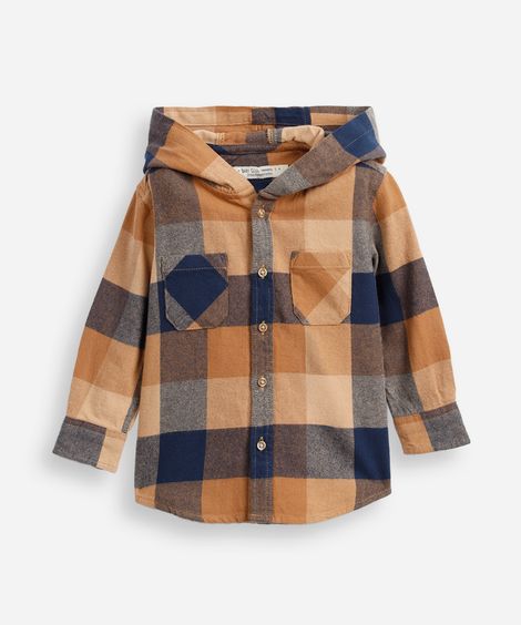 camisa de algodão infantil com capuz xadrez marrom