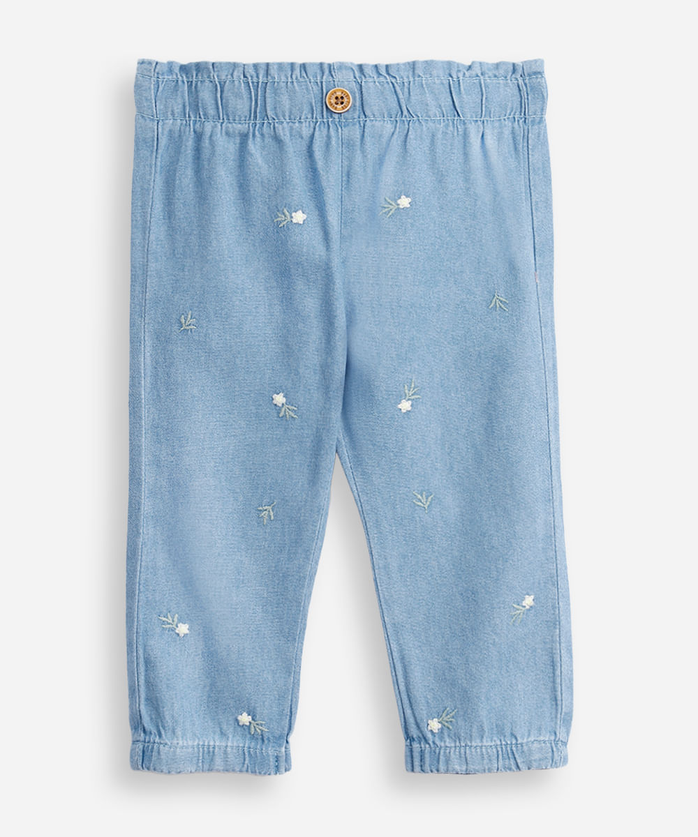 calça infantil jeans com bordado floral azul