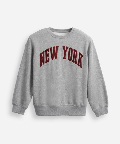 blusa de moletom juvenil oversized college new york cinza