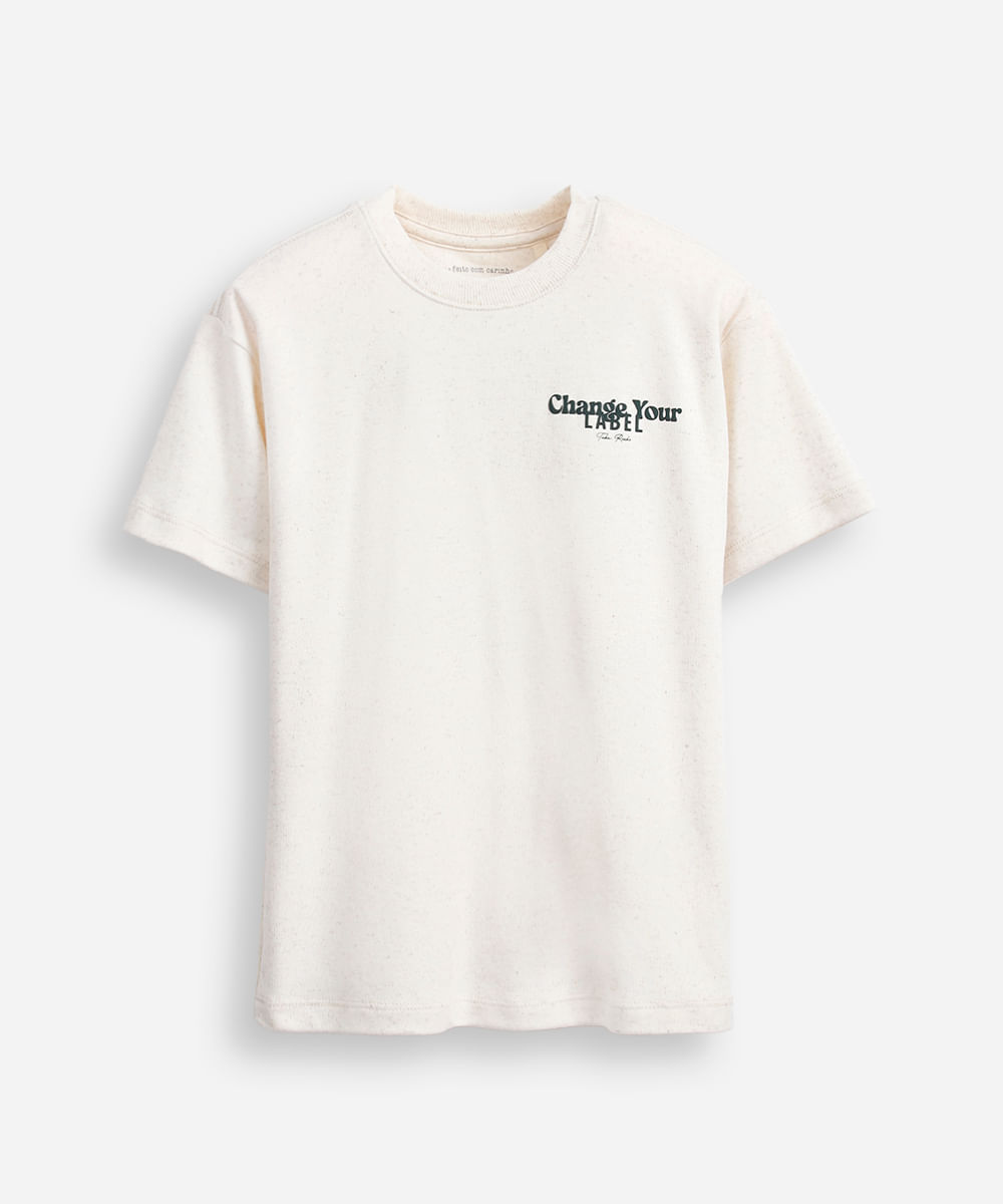 camiseta infantil com linho estampada off white