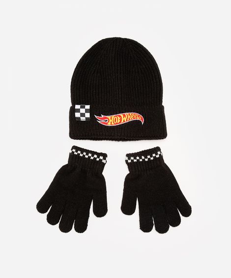 kit de tricot infantil hot wheels com gorro e luva preto