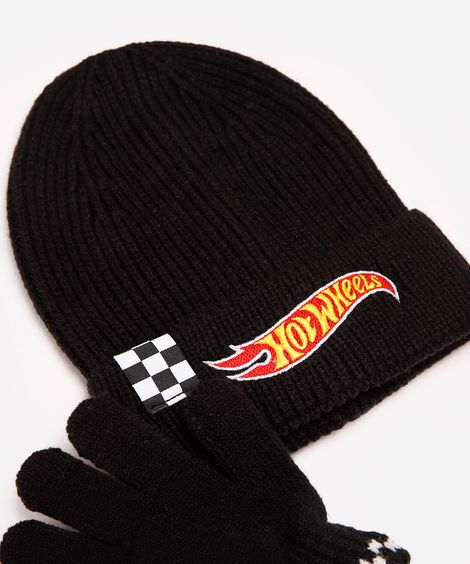 kit de tricot infantil hot wheels com gorro e luva preto