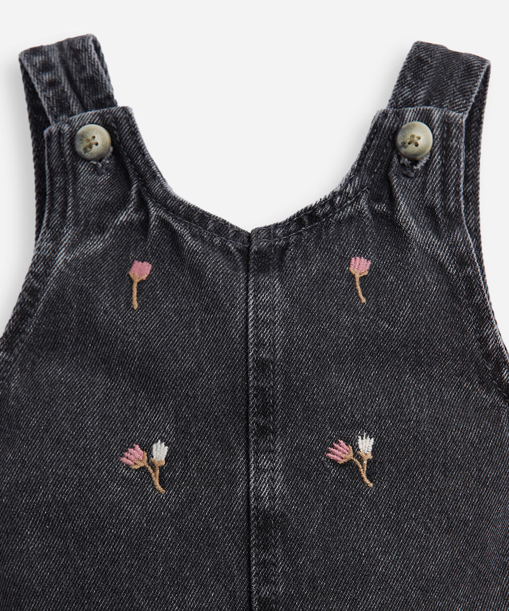 salopete infantil jeans floral - black jeans