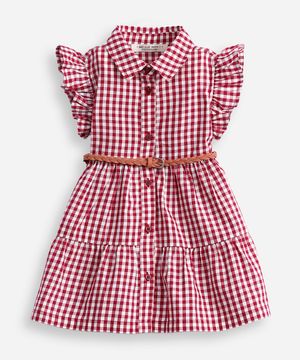 vestido infantil com recortes xadrez e cinto vermelho