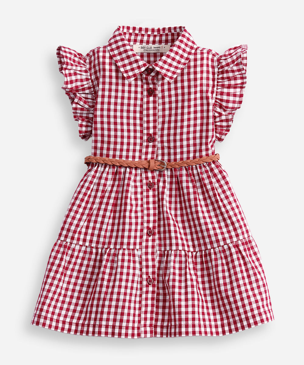 vestido infantil com recortes xadrez e cinto vermelho