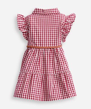 vestido infantil com recortes xadrez e cinto vermelho