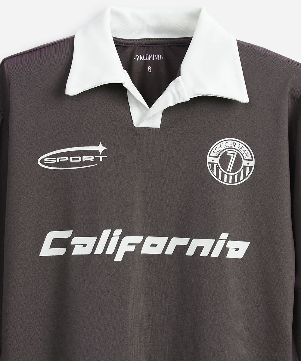 camiseta esportiva gola polo manga longa cinza