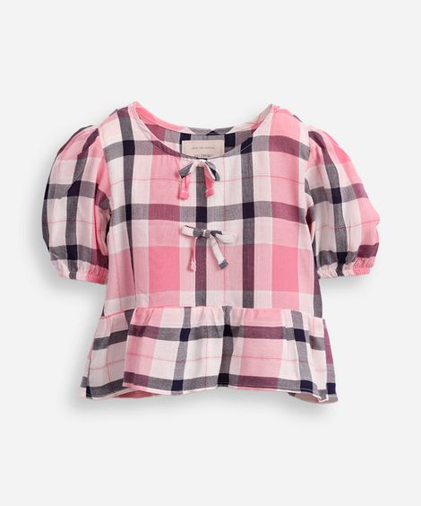 bata de viscose infantil manga bufante com laço xadrez rosa