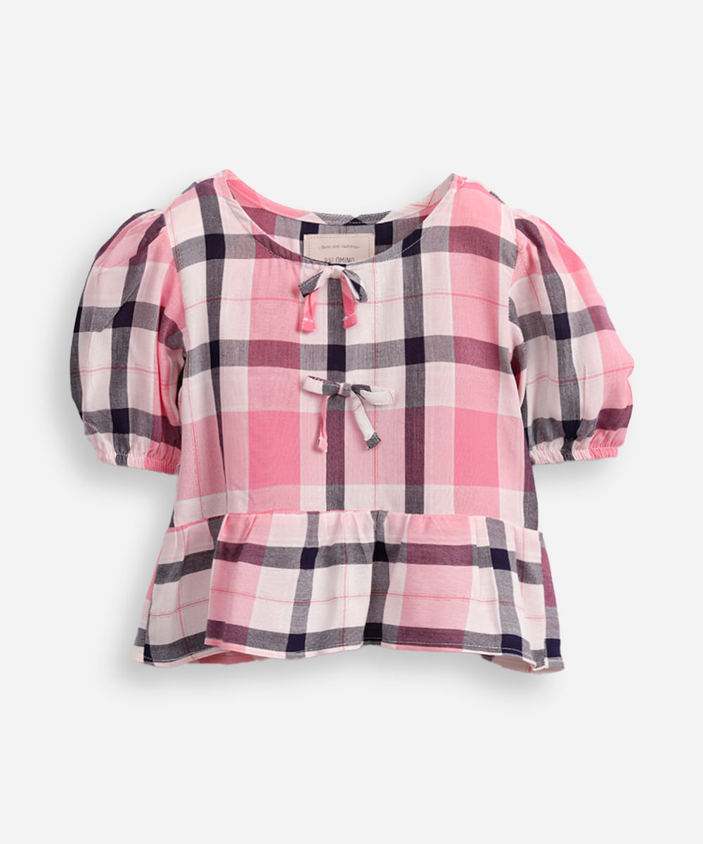 bata de viscose infantil manga bufante com laço xadrez rosa
